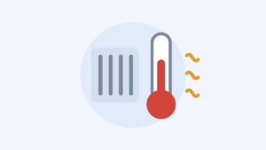 Illustration of a thermometer reading high in front of a radiator, with heat rising